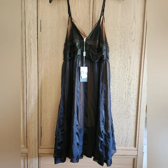 NWT Tufi Duek 100% silk black midi dress sheer striped silk over skin tone liner - Picture 5 of 8